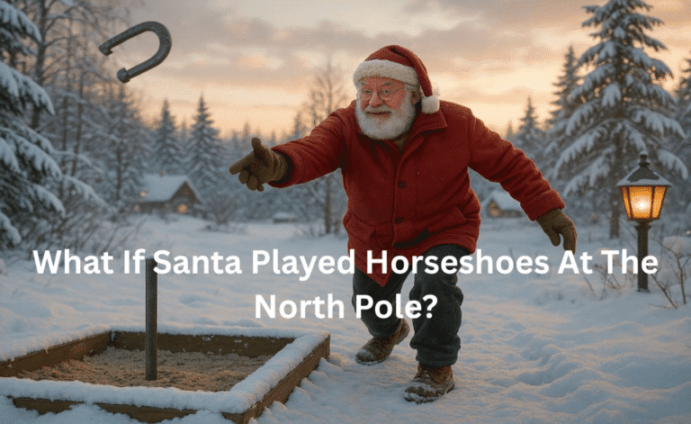 A Santa-like man in a red coat pitches a horseshoe in a snowy forest horseshoe pit lit by a warm lantern near a cabin.
