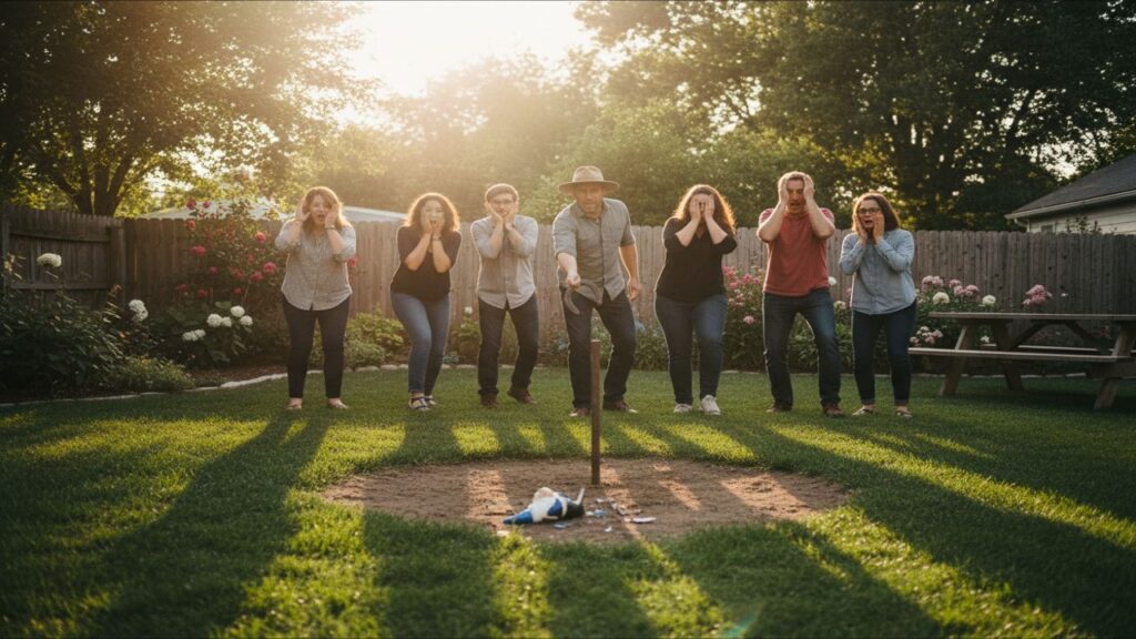 Group of people reacting in surprise to a mis-thrown horseshoe near a shattered decoration in a backyard horseshoe pit