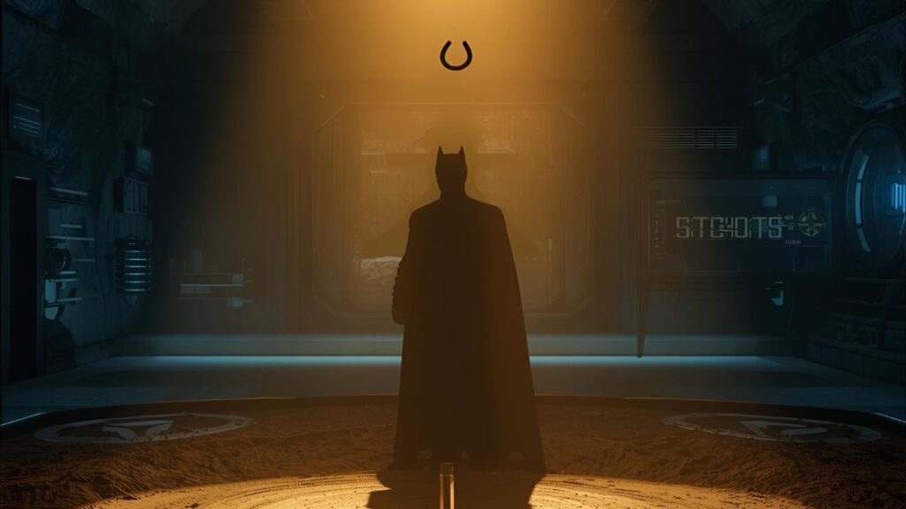 Shadowed hero pitching a horseshoe in a high-tech underground cave illuminated by warm golden light.