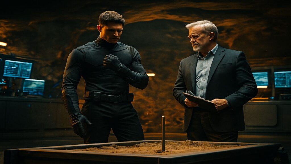 Two men standing by a sand horseshoe pit in a high-tech cave, one holding a clipboard while the other adjusts his glove.