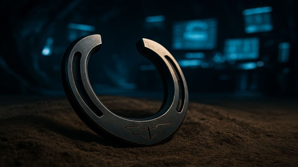Close-up of a sleek metallic horseshoe resting in soft sand under blue cave lighting with computers in the background.
