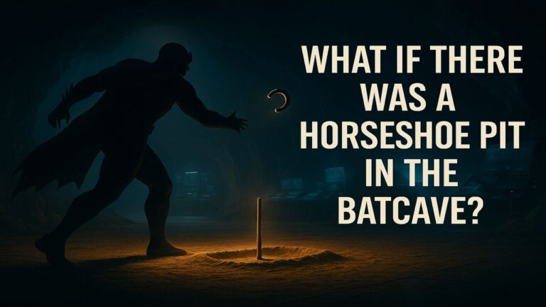 Heroic figure pitching a horseshoe toward a glowing stake in a futuristic underground training pit with dramatic lighting