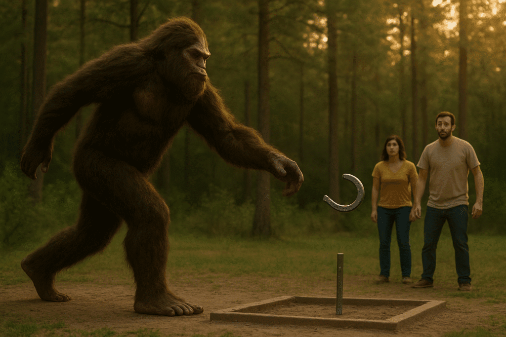 Bigfoot grunts, winds up, and throws