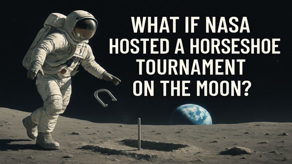 Astronaut pitching a horseshoe on the Moon with Earth visible in the background