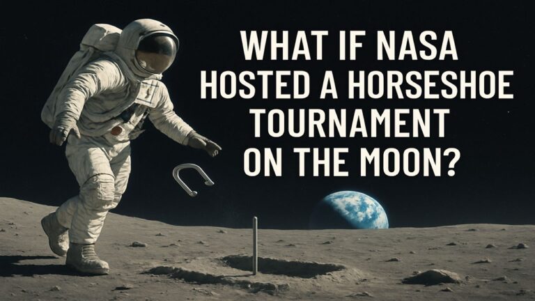 Astronaut pitching a horseshoe on the Moon with Earth visible in the background