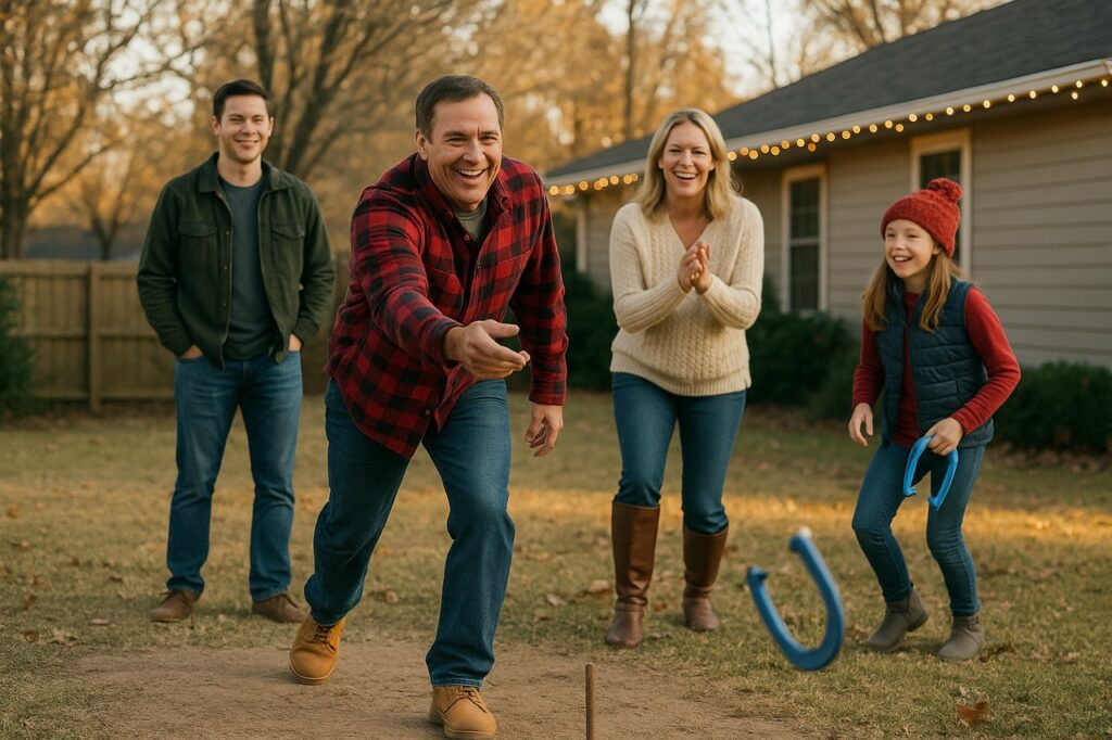 A father pitching a horseshoe as family watches and cheers during a holiday backyard game.