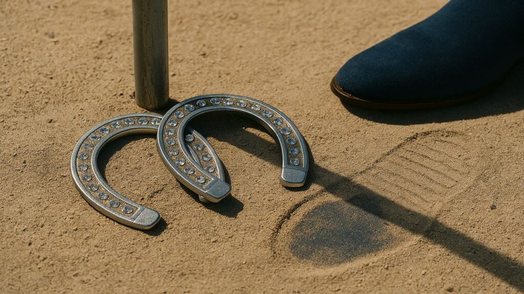 Close-up of rhinestone-inlaid horseshoes resting in soft sand near the stake, with a faint blue suede shoe footprint beside them in golden sunlight.