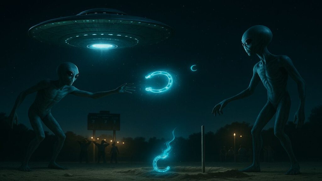 Two aliens toss glowing plasma horseshoes toward a stake on a championship field while humans watch in amazement.