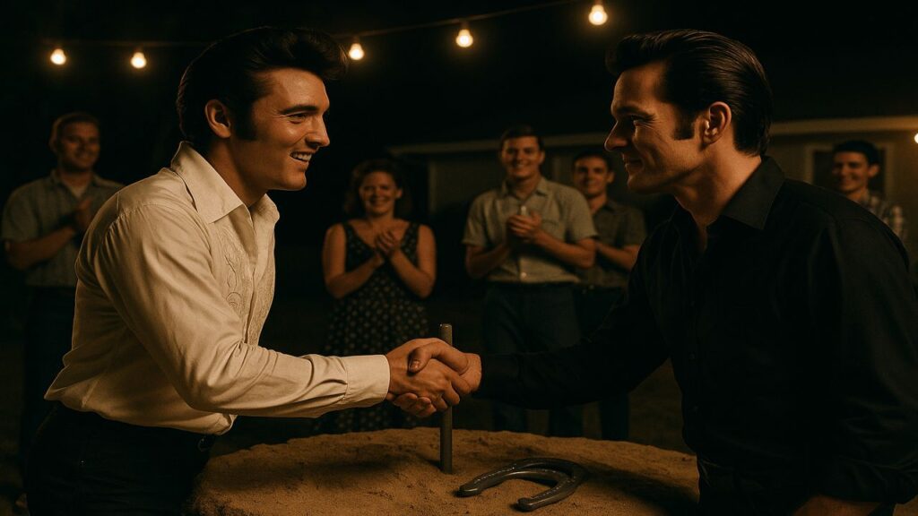 Elvis Presley and a Johnny Cash–style rival shaking hands at a backyard horseshoe pit after a game, surrounded by friends and glowing string lights.