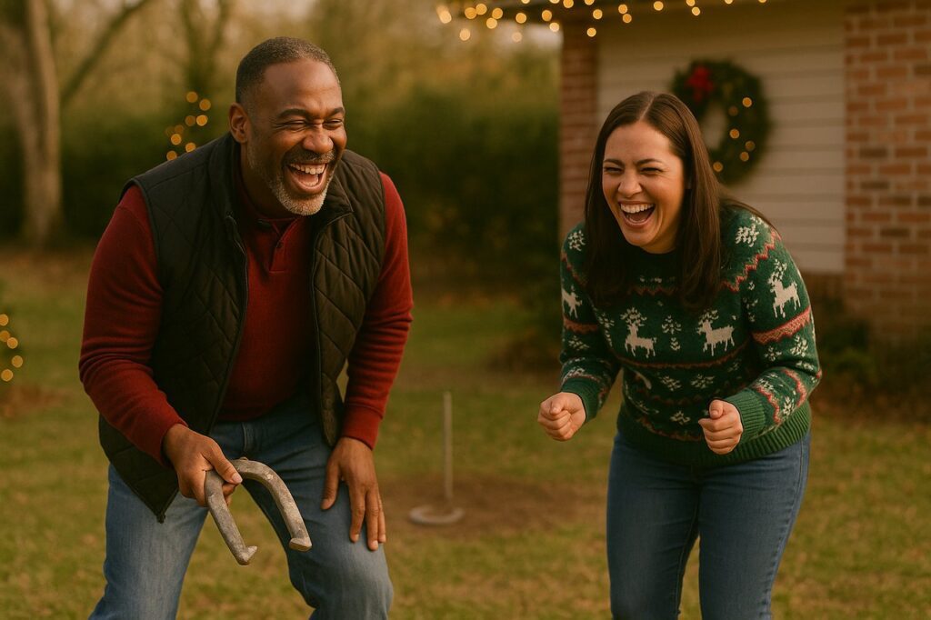 Family Laughing During Holiday Horseshoe Game