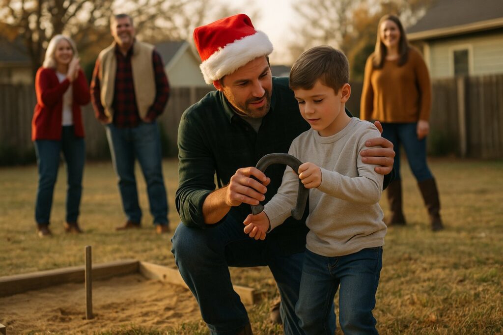 Parent teaching a child how to throw a horseshoe during a family holiday gathering