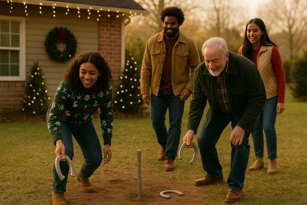 Family retrieving horseshoes from around the pit during a relaxed backyard Christmas gathering.