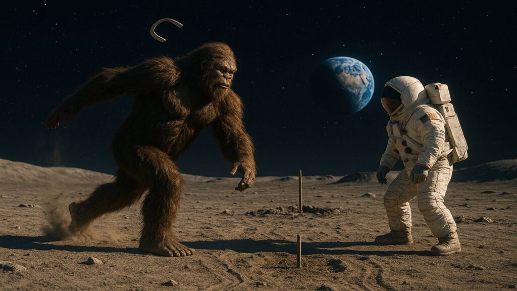 Bigfoot and an astronaut playing a game of horseshoes on the Moon’s surface with Earth visible in the background.