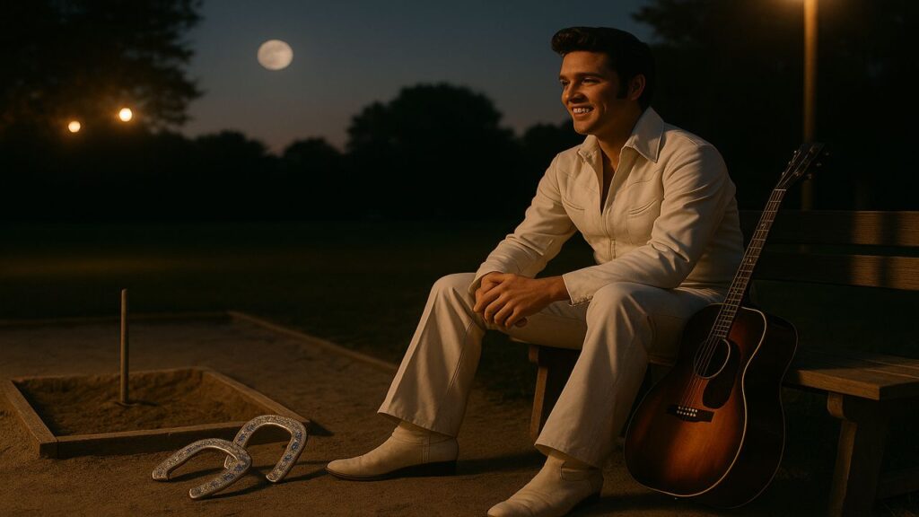 Elvis Presley sitting on a wooden bench near a horseshoe pit at dusk with his guitar beside him, moon rising and court lights glowing softly.