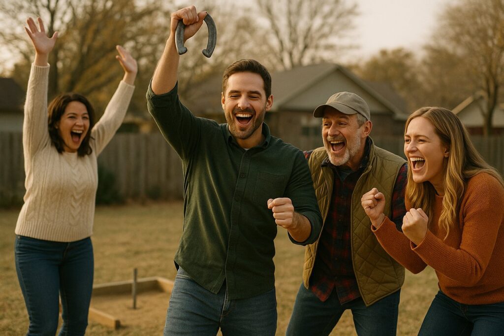 Family celebrating a ringer in a backyard horseshoe game with cheerful holiday energy.