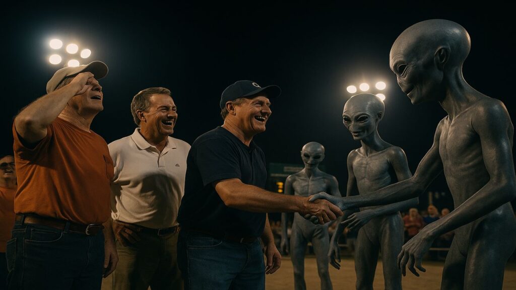 Humans and aliens laugh and shake hands under bright stadium lights after the championship match, celebrating together.