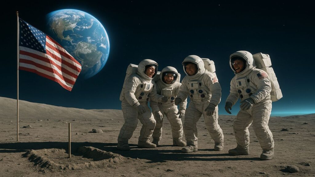 Four astronauts laughing together near a horseshoe pit with the American flag planted and Earth glowing on the horizon.