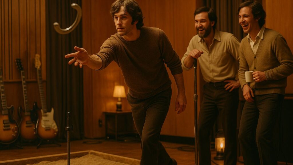 Three friends laughing during a casual horseshoe game indoors.