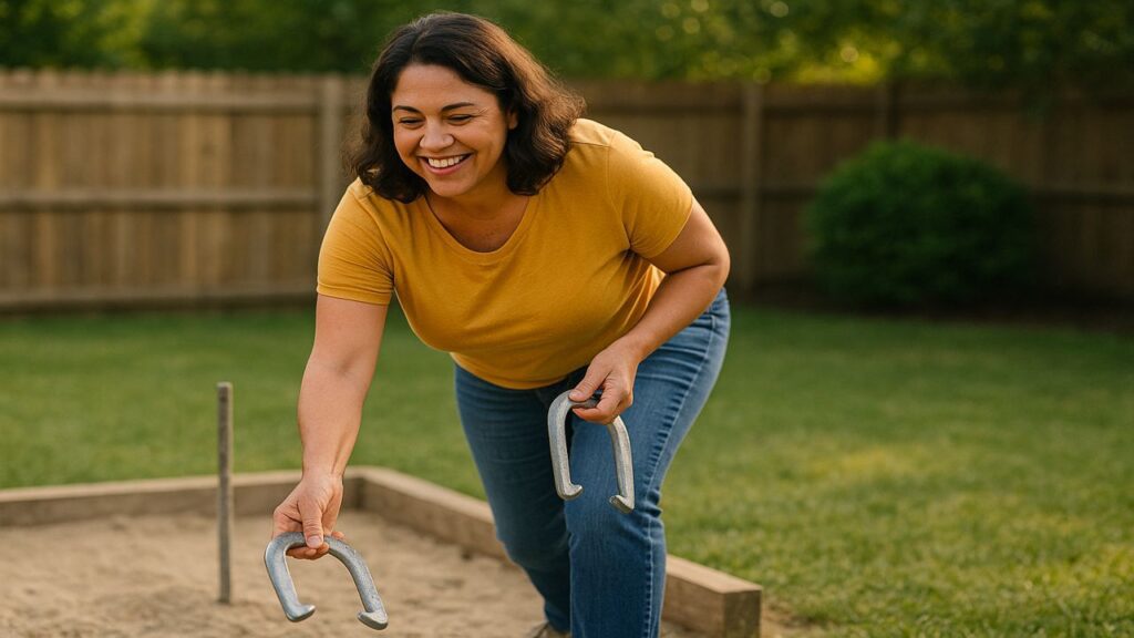 Smiling Hispanic woman bending down to pick up horseshoes beside a pit on a sunny afternoon.