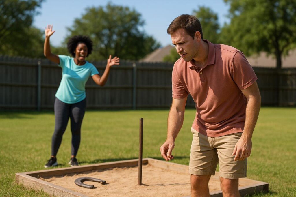 An African American horseshoe thrower looking annoyed as friends in the background laugh and joke, creating a distraction during his pitch.