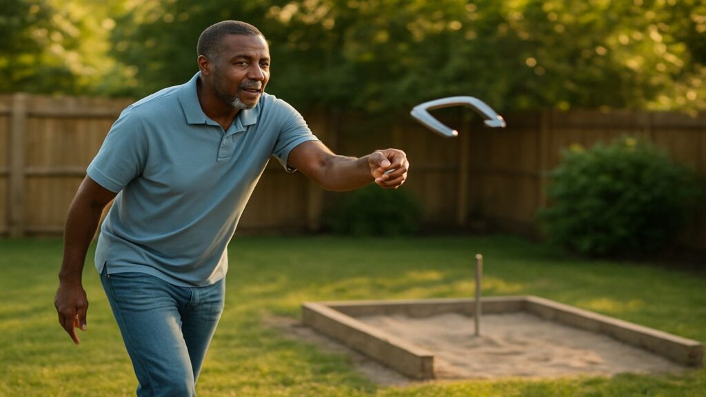Middle-aged African American man mid-throw, pitching a horseshoe toward the stake in a warm backyard setting.