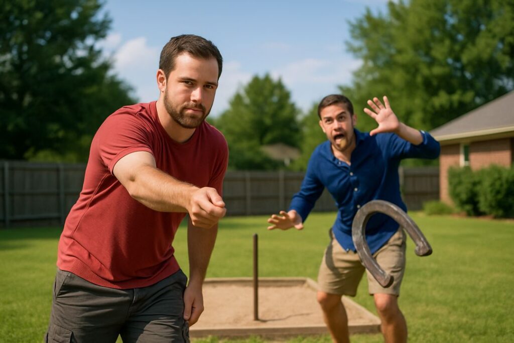 One player making a funny face behind another player mid-throw to distract them during a backyard horseshoe game.