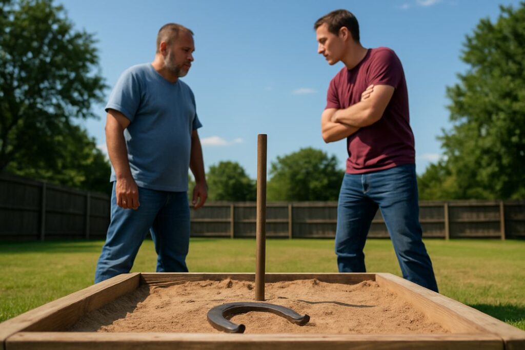 Two men facing each other across a horseshoe pit in a competitive staredown moment, capturing tension and psychological strategy in the game.