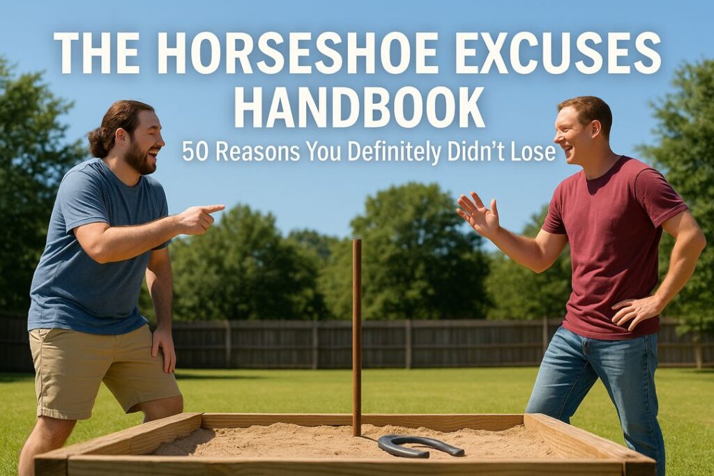 Two players standing beside a horseshoe pit on a bright day, talking and gesturing as if explaining why a missed throw wasn’t their fault.