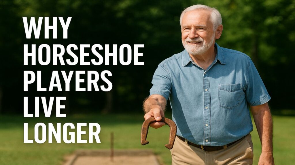 Older man pitching a horseshoe outdoors on a sunny day with the article title displayed on the left side.