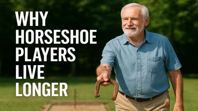 Older man pitching a horseshoe outdoors on a sunny day with the article title displayed on the left side.
