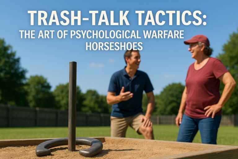 Two players talking and laughing beside a horseshoe pit in bright daylight, representing the theme of trash-talk and psychological tactics in horseshoe games.