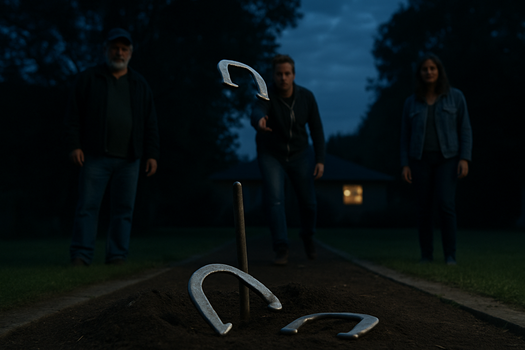 A horseshoe frozen mid-flight toward a stake as three players watch, capturing a dramatic and mysterious backyard moment.