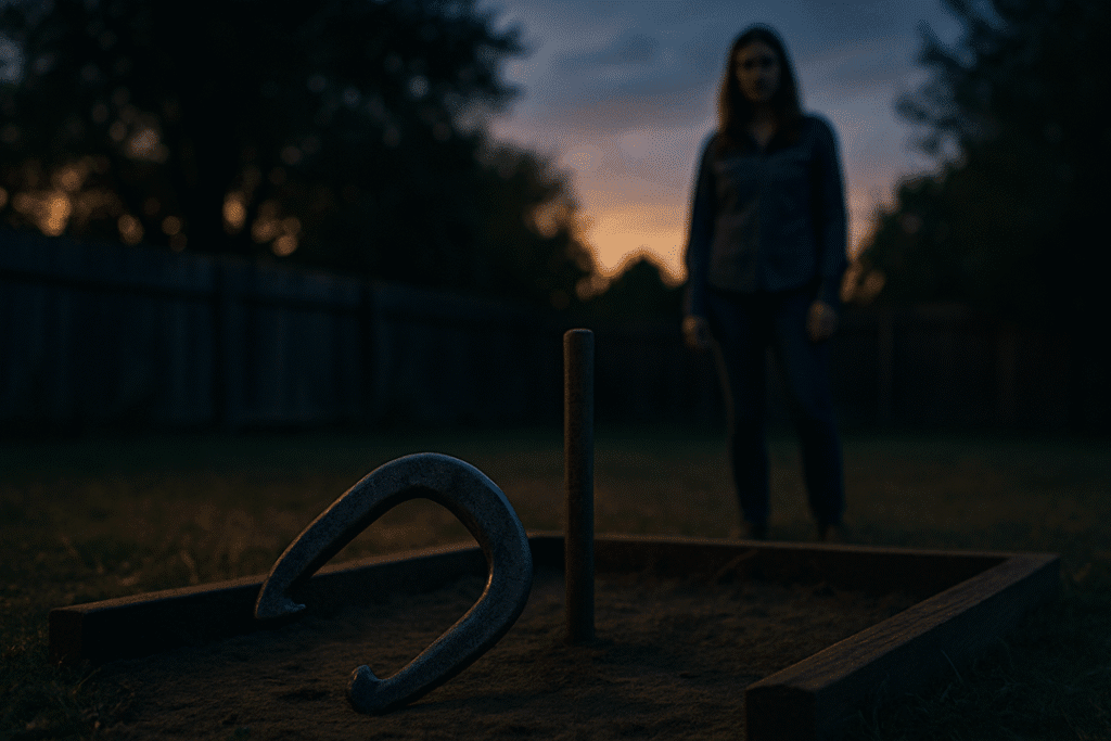 A horseshoe leaning in the pit at twilight with a woman standing in the background, adding a mysterious tone to the scene.