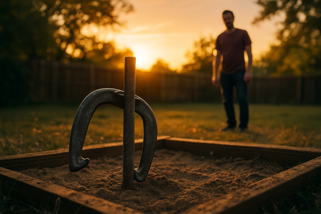 A horseshoe hanging on a stake during golden hour with a man watching from the background, creating a mysterious backyard atmosphere.