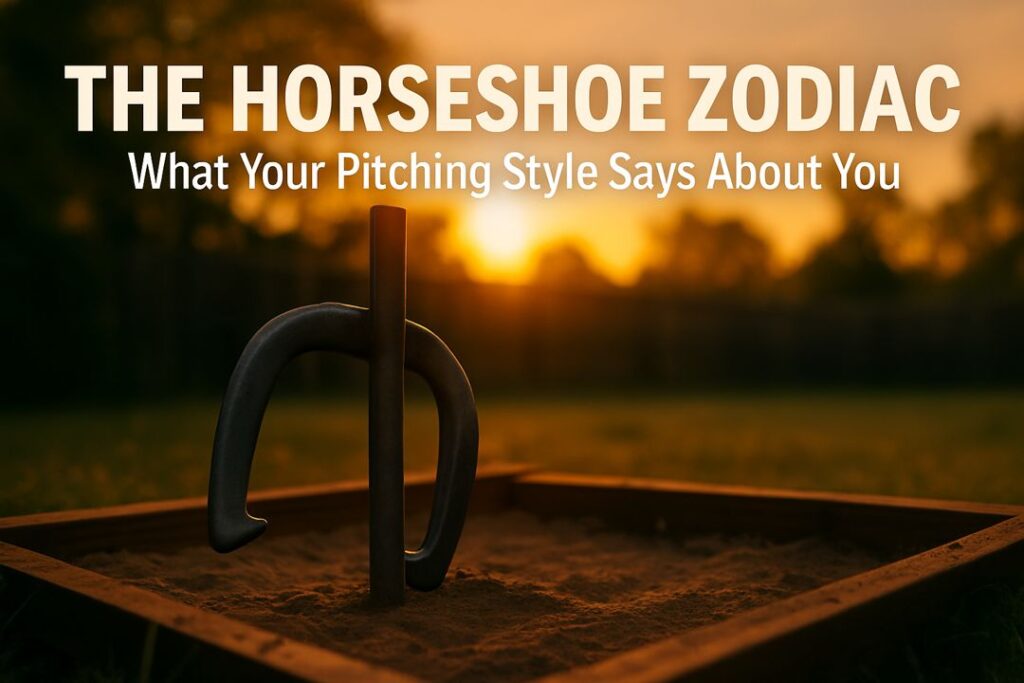 Close-up of a horseshoe around a stake at sunset with the title “The Horseshoe Zodiac,” representing personality types based on horseshoe pitching styles.