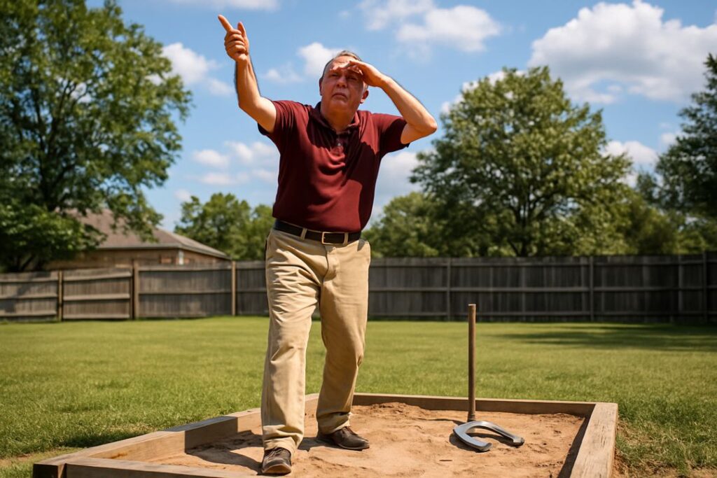 A man pointing upward and shielding his eyes after a wide throw, implying the sun or wind caused him to miss the stake.