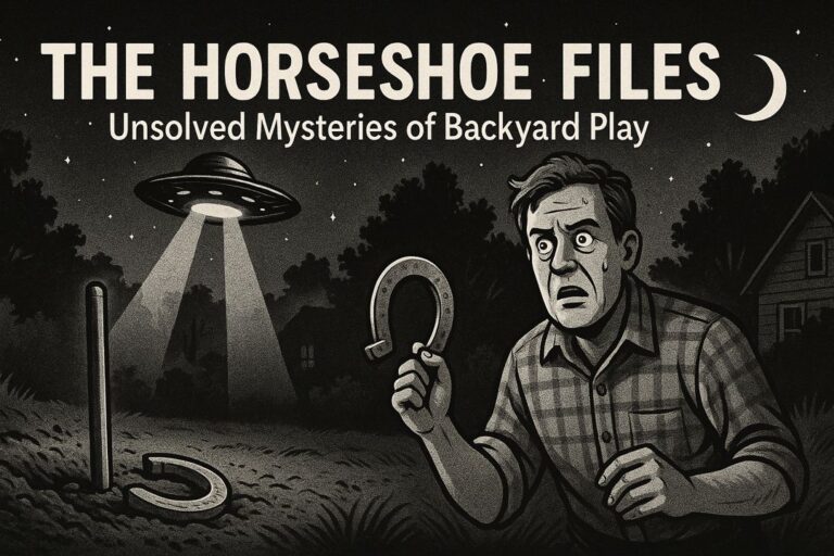 A black-and-white illustrated scene of a man shocked near a horseshoe pit as a UFO shines a beam over the stake, symbolizing backyard horseshoe mysteries.