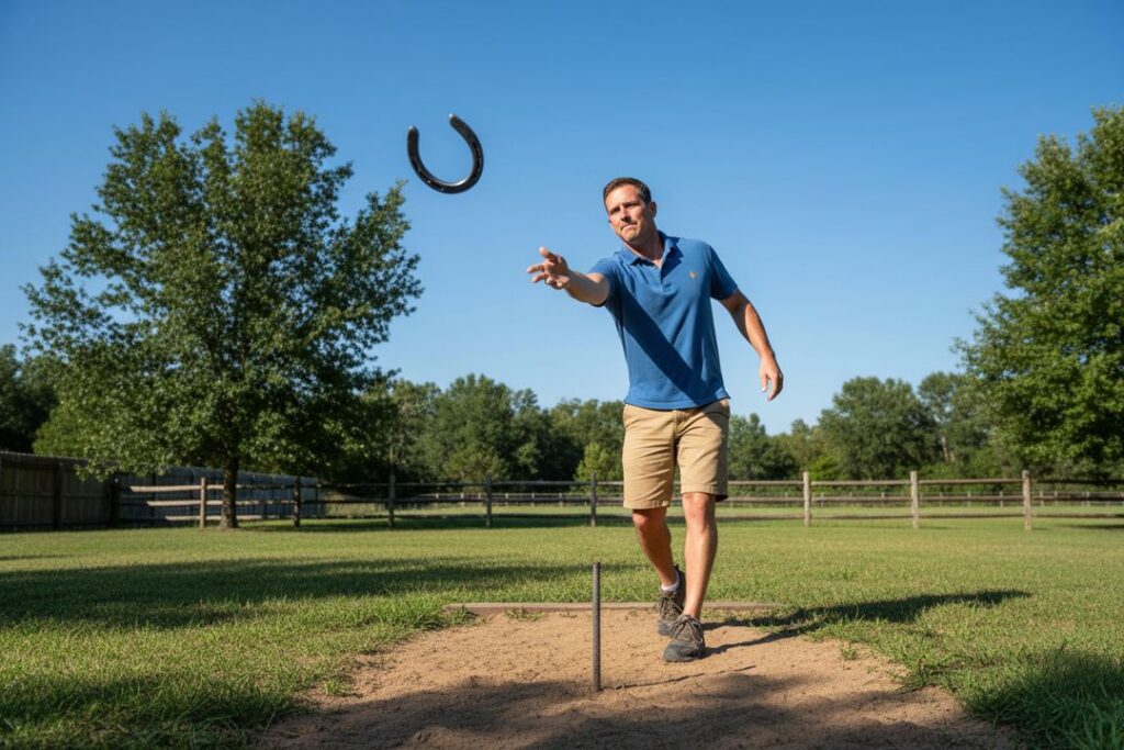 A Caucasian man throwing a horseshoe in a backyard under clear blue skies, captured mid-throw for the Horseshoe Zodiac pitching style article.