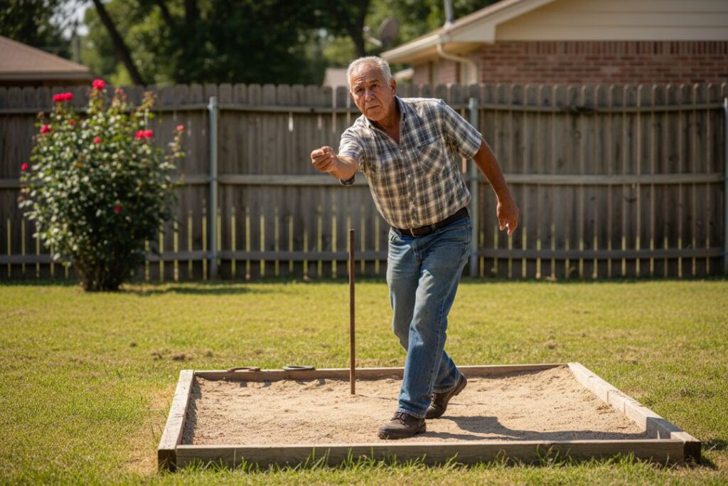 An older Hispanic man pitching a horseshoe in a backyard pit under bright daylight, showing realistic form for the Horseshoe Zodiac article.