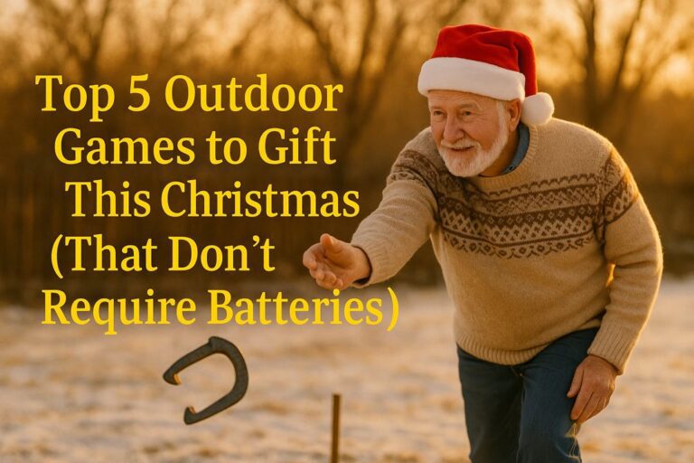 Older man in a Santa hat throwing a horseshoe in a backyard at golden hour during the holidays.