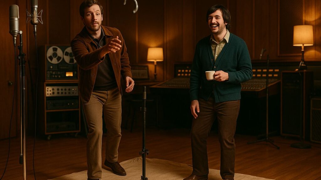 Two men enjoying a casual horseshoe game inside a wooden-paneled music studio.