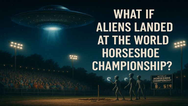 A glowing UFO hovers over a packed horseshoe championship field as the crowd freezes mid-cheer under dramatic stadium lighting.