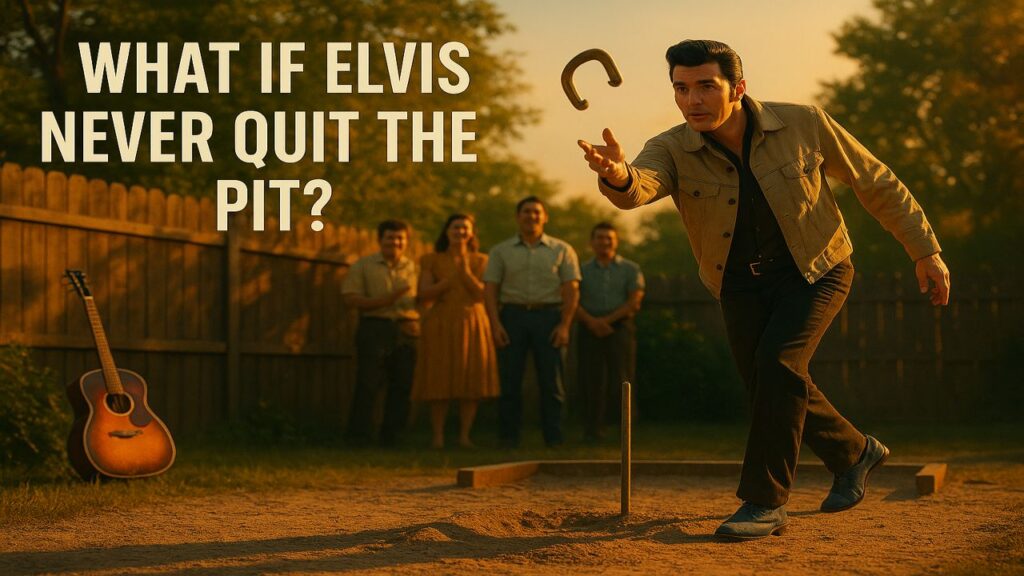 Elvis Presley mid-pitch at a backyard horseshoe pit during golden hour, wearing blue suede shoes with a guitar leaning on a fence and fans cheering in the background.