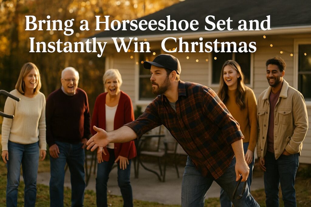 Family playing horseshoes in the backyard during Christmas, laughing and celebrating together.