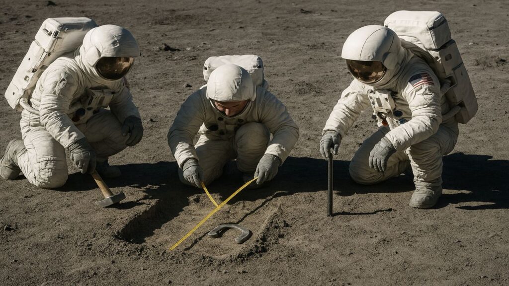 Three astronauts on the lunar surface building a horseshoe pit, measuring distances, and setting up stakes in the dusty terrain.