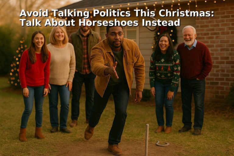 Family playing horseshoes in the backyard at Christmas, warm holiday lighting and natural laughter.