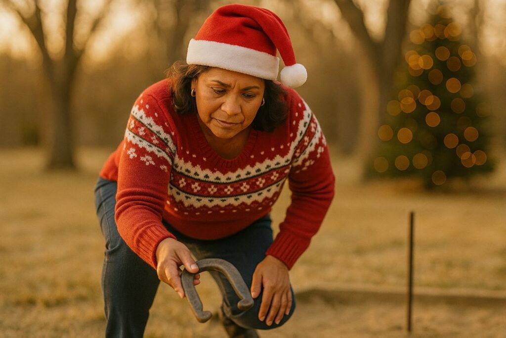 Middle-aged woman in a holiday sweater and Santa hat bending down to pick up a horseshoe near a stake.