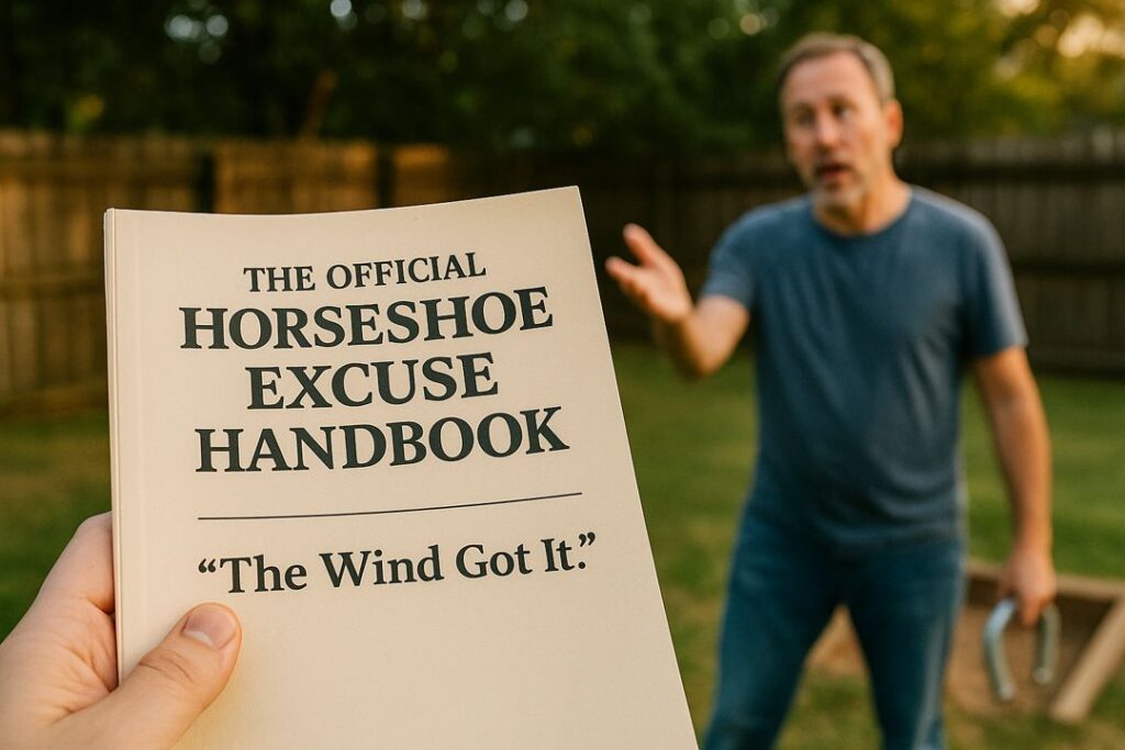 Open notebook on a wooden table with handwritten horseshoe excuses, positioned near a backyard horseshoe pit in warm golden-hour lighting.