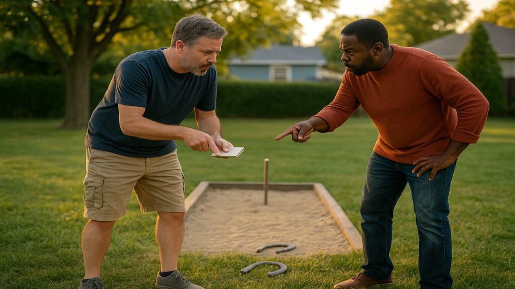 Two players stand at a backyard horseshoe pit pointing at the shoes on the ground, clearly debating the score during a casual game, with warm natural lighting and a realistic pit layout.