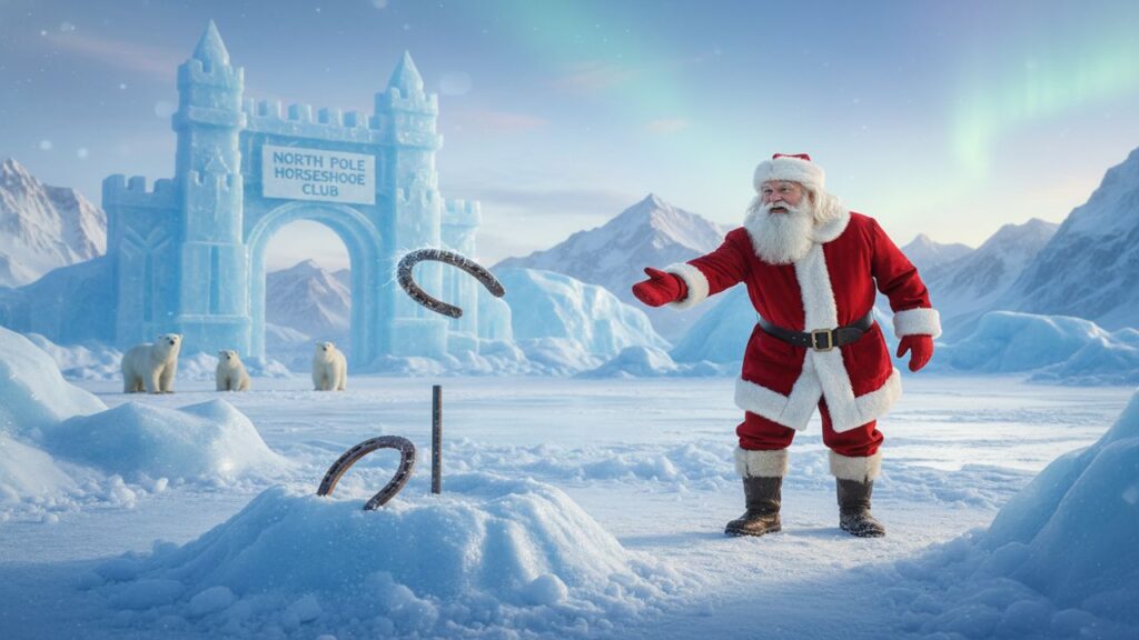 Santa tosses a horseshoe in front of an ice-carved North Pole Horseshoe Club while polar bears look on in a frozen landscape.